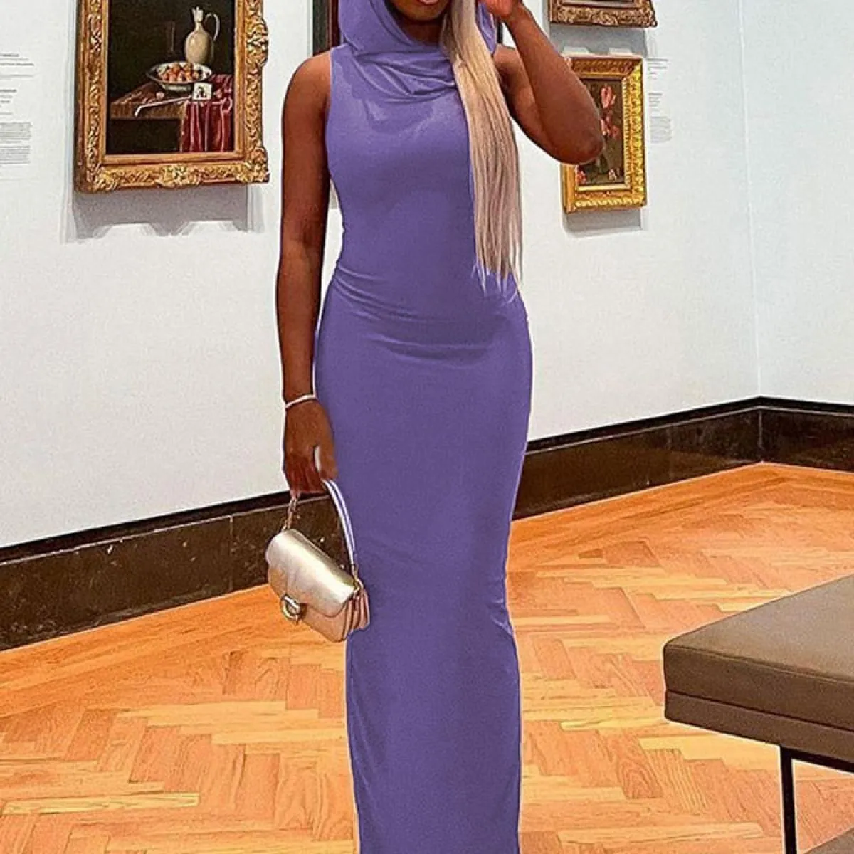 Abito lungo estivo femminile slim con cappuccio Abito lungo senza maniche diviso alla moda Abiti da festival One Piece Ele