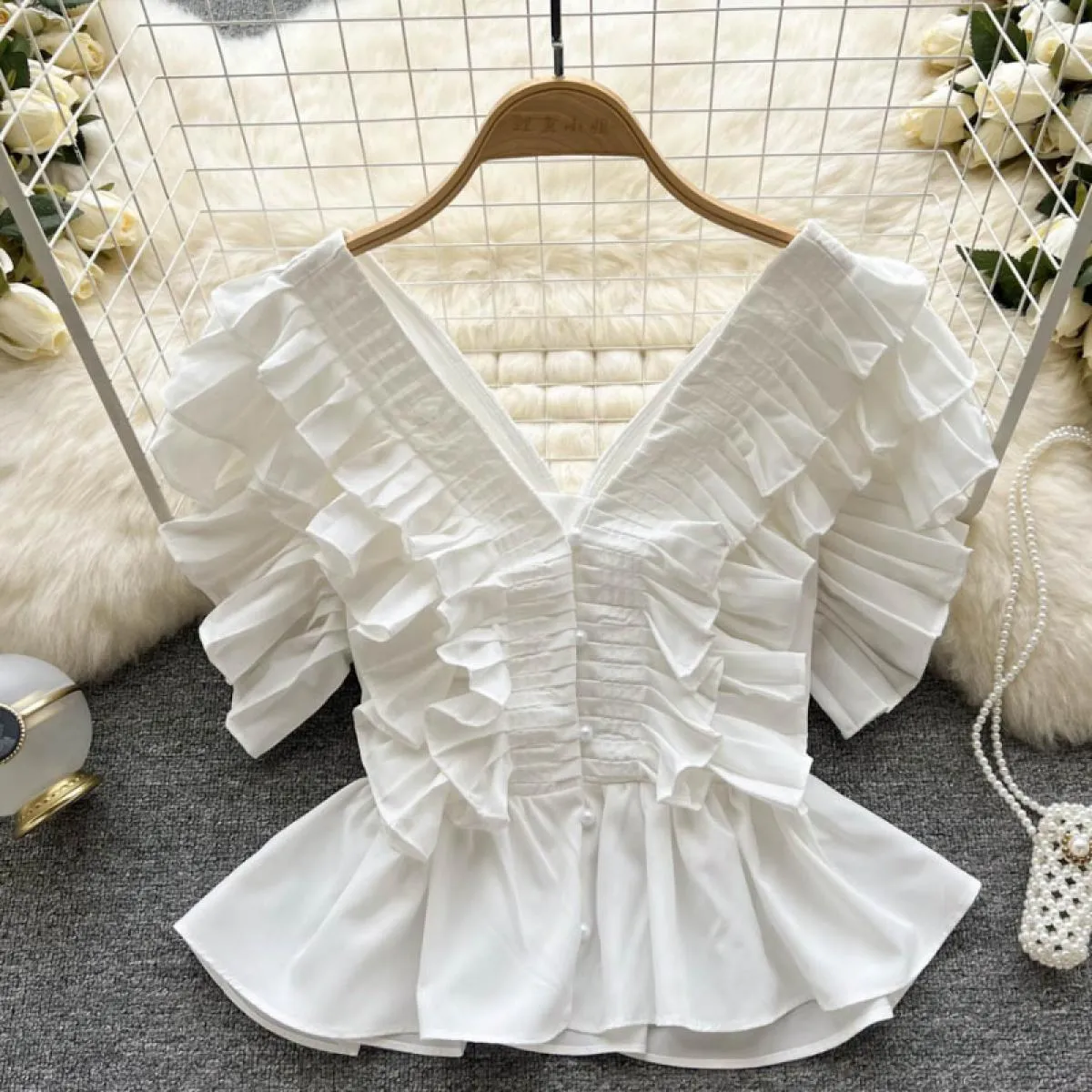 Camicie da donna dolci estive 2024 moda vintage volant top casual larghi camicette da ufficio eleganti da donna francesi primave