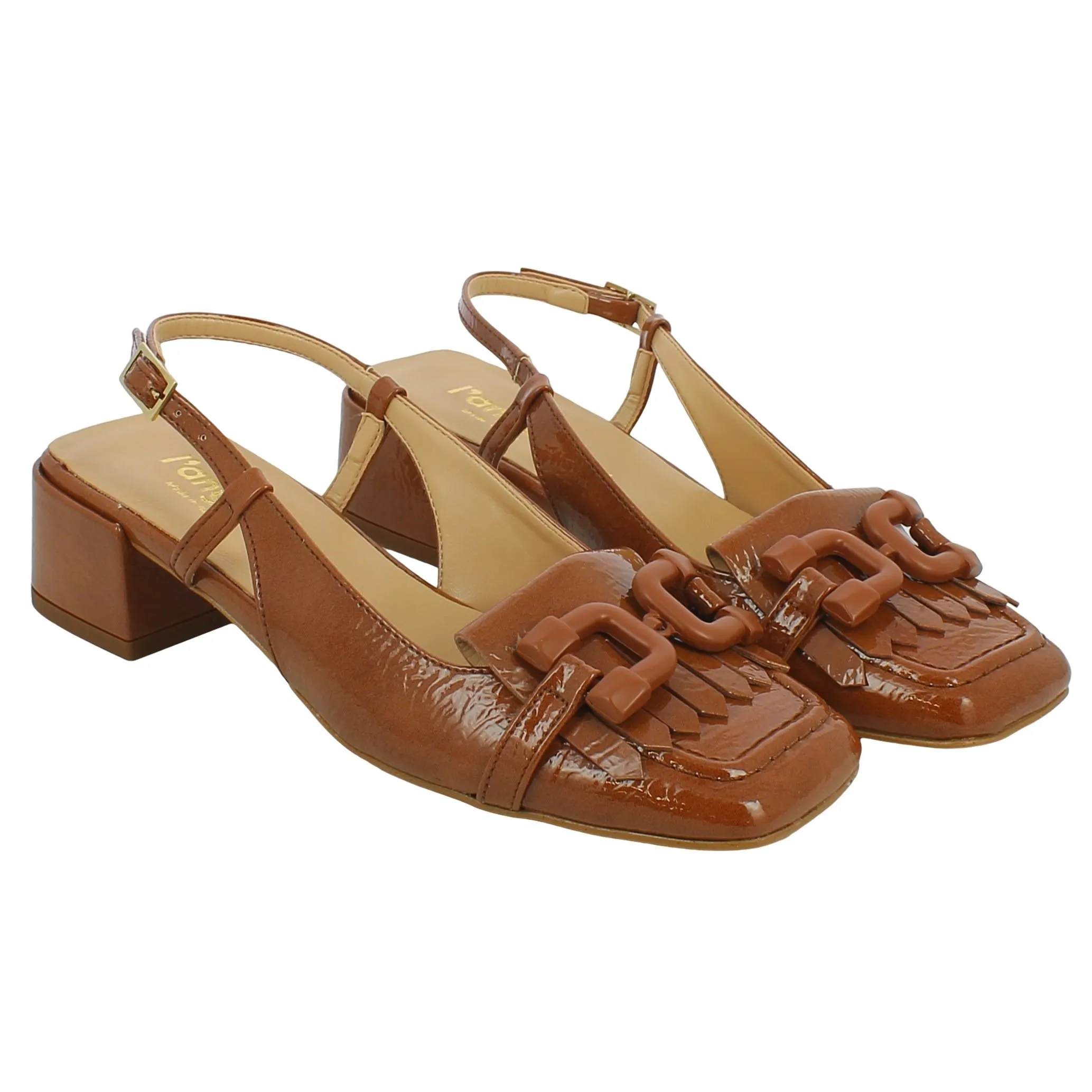 L'Angolo  Slingback cuoio con frange e morsetto tacco 4 cm 