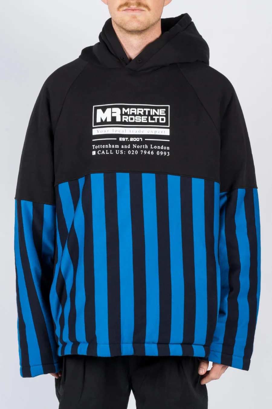 MARTINE ROSE SPLIT WADDED HOODY BLACK BLUE STRIPES