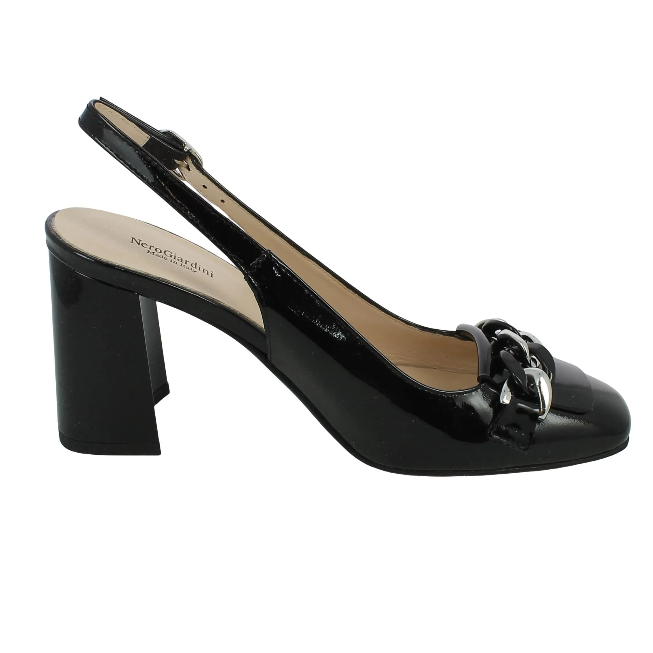 NeroGiardini  Scarpa in vernice nera catena e slingback 