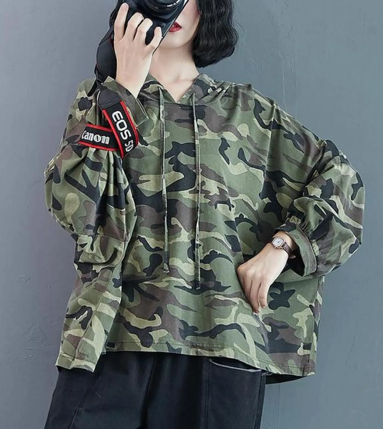 Nuovo arrivo primavera autunno arti stile donna manica lunga allentata maglietta con cappuccio femme top cotone mimetico casual