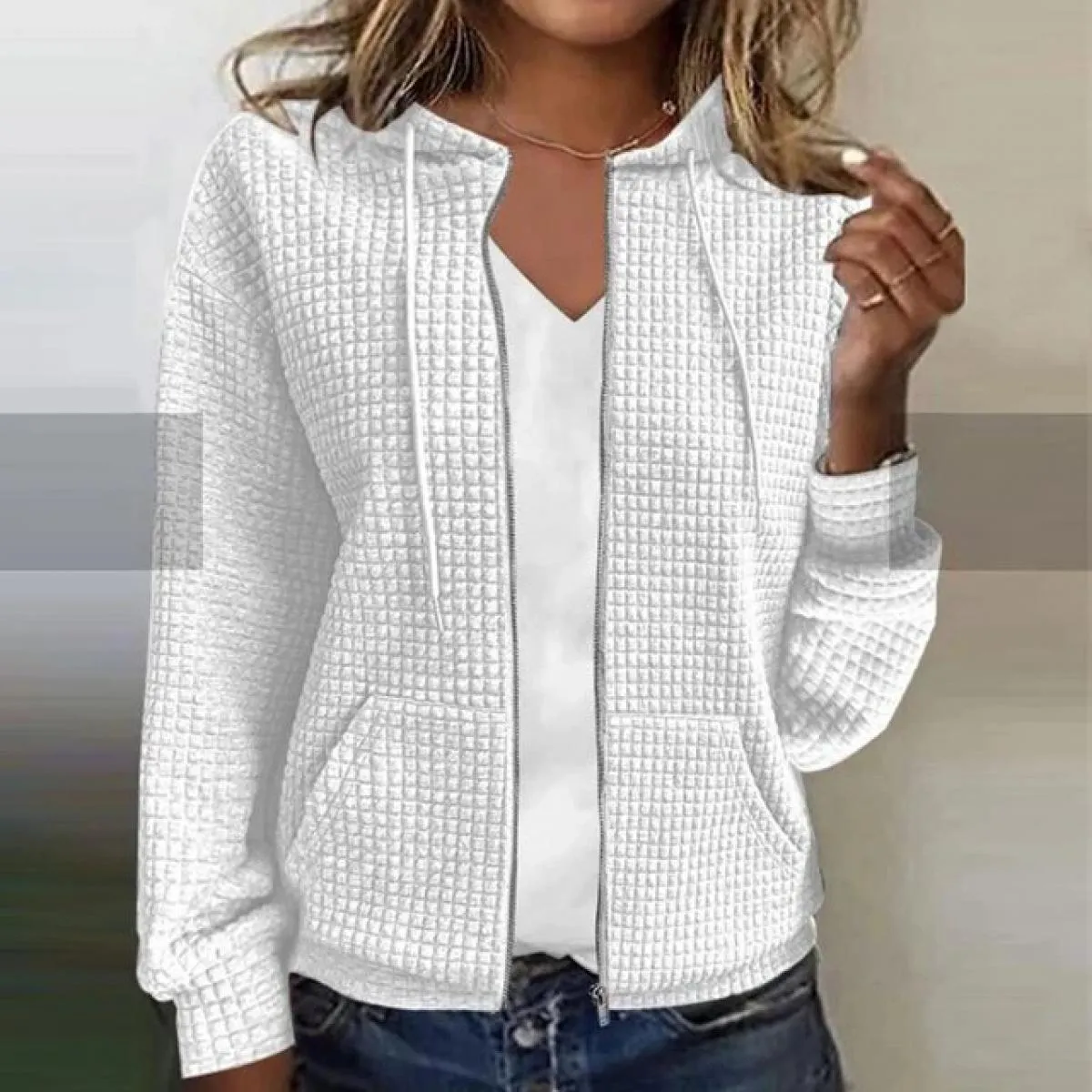 T-shirt con cappuccio tinta unita autunno manica lunga waffle da donna Top Abbigliamento Abbigliamento da donna di alta qualità