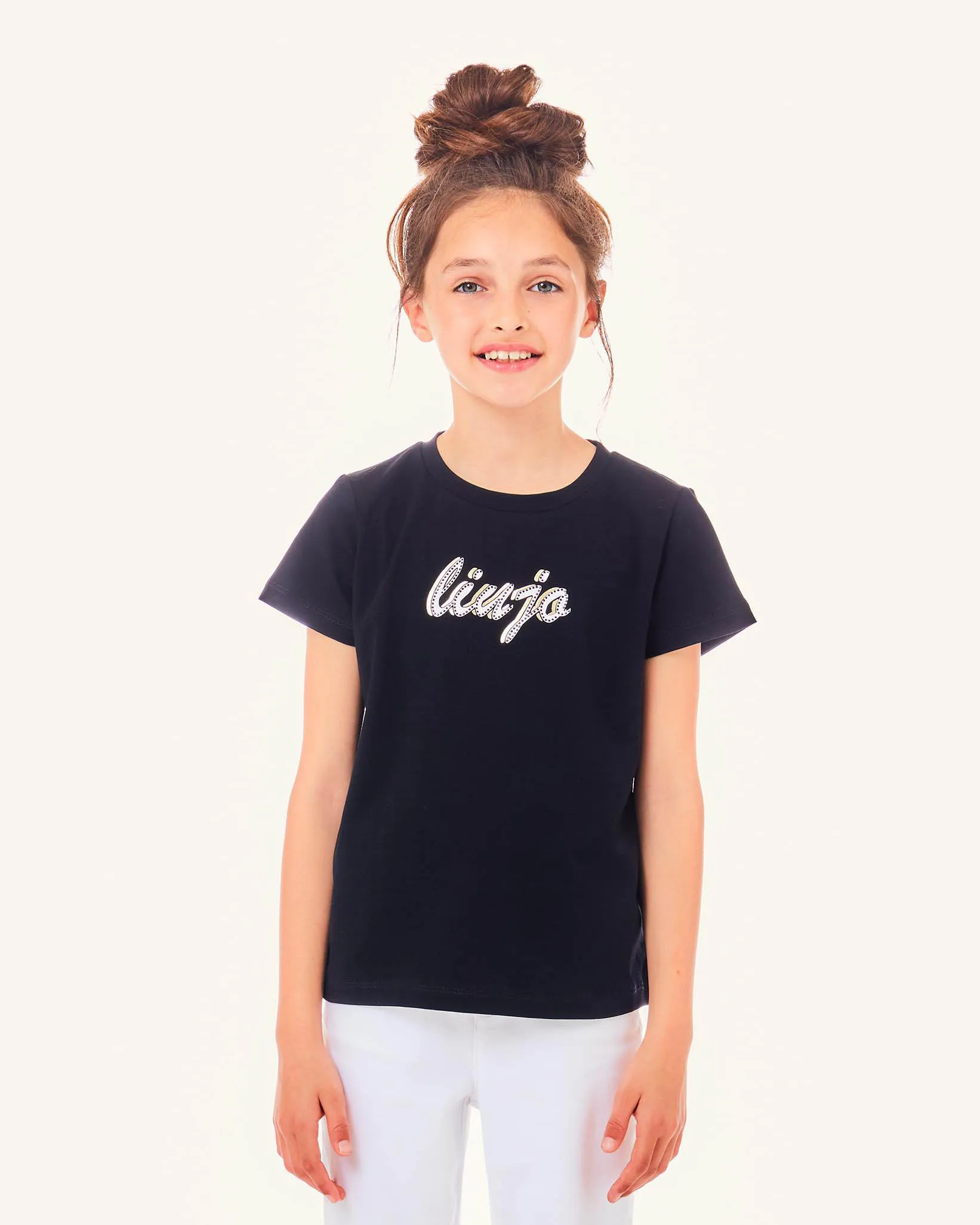 T-shirt nera mezza manica in cotone stretch con scritta logo bianca con strass 8-16 anni