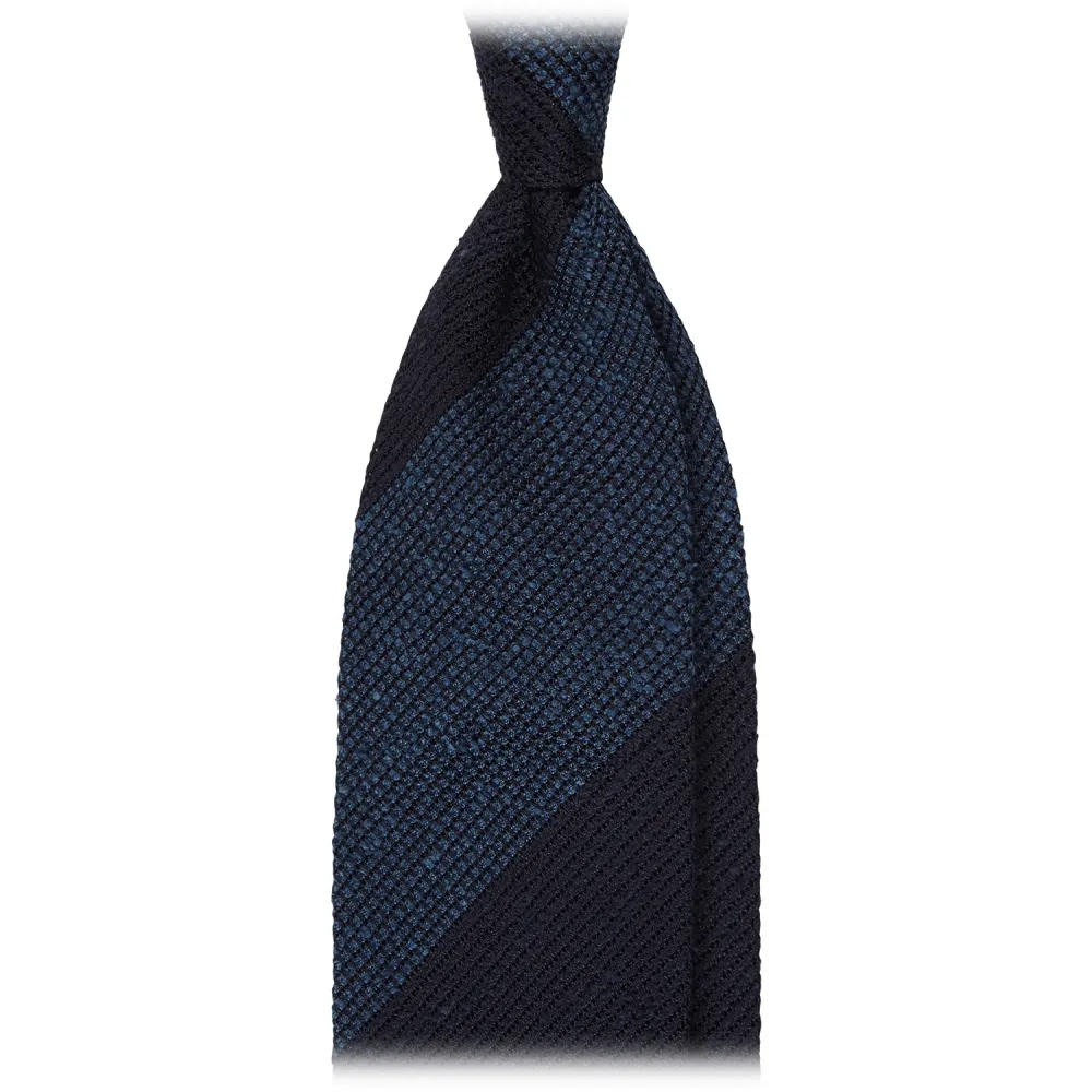 Viola Milano - Cravatta in Granatina/Shantung Tessuta a Righe - Navy/Mare - Handmade in Italy - Luxury Exclusive Collection