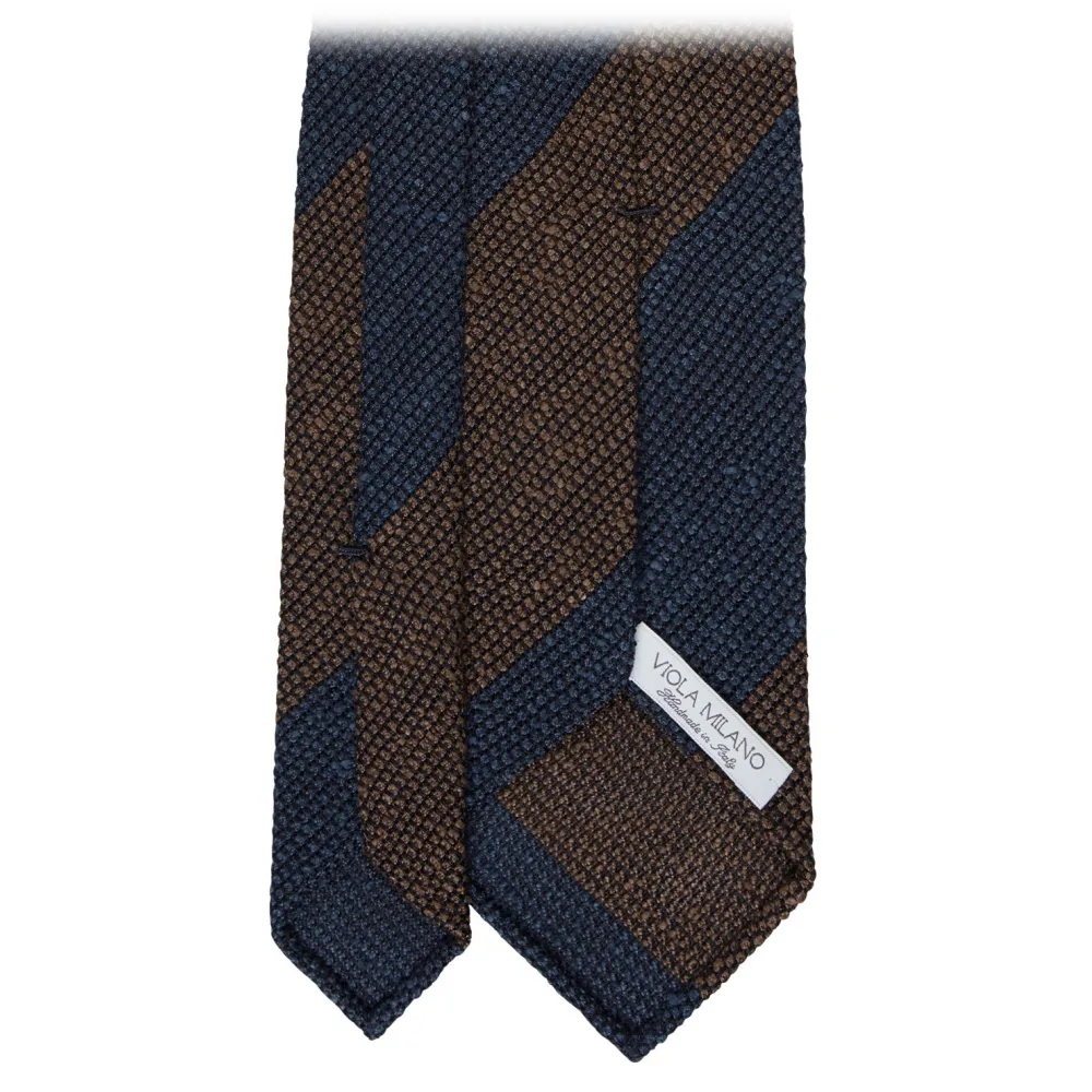 Viola Milano - Cravatta in Granatina/Shantung Tessuta a Righe - Navy/Marrone - Handmade in Italy - Luxury Exclusive Collection
