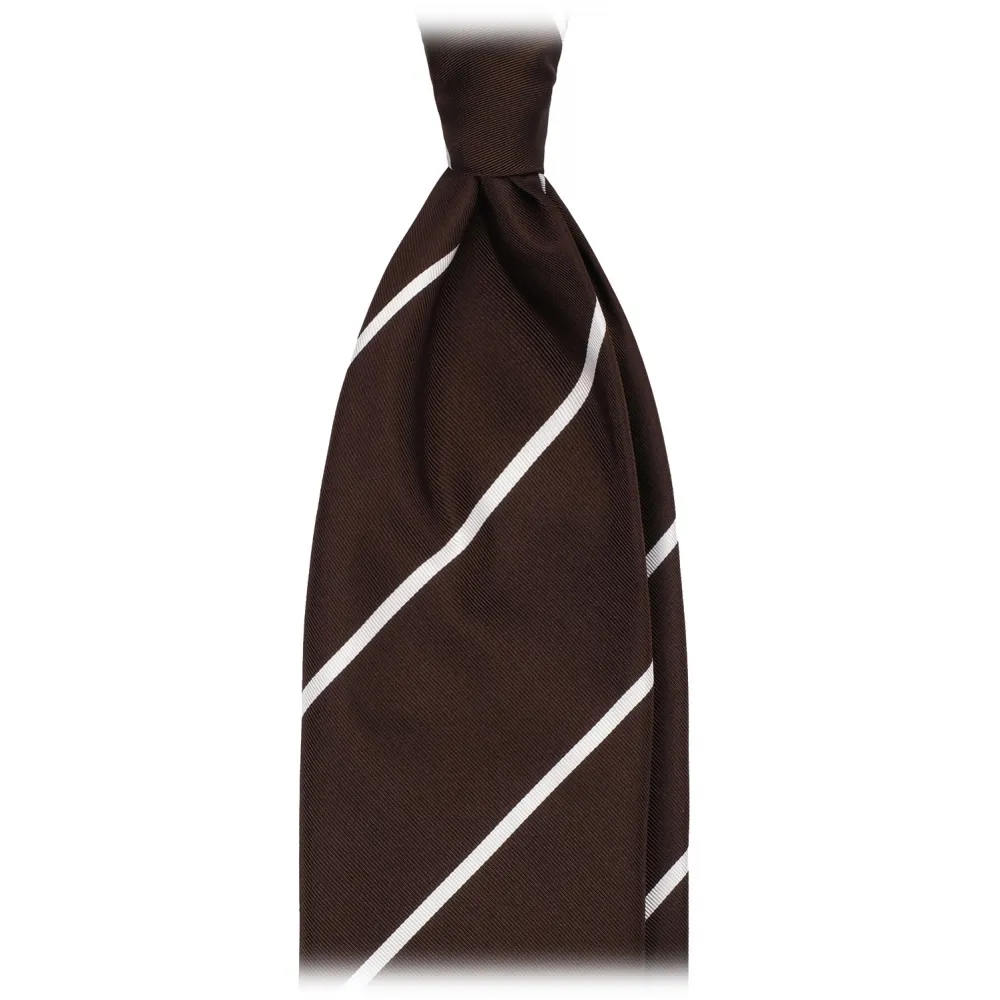 Viola Milano - Cravatta in Jacquard di Seta Intrecciata Righe - Marrone/Bianco - Handmade in Italy - Luxury Exclusive Collection