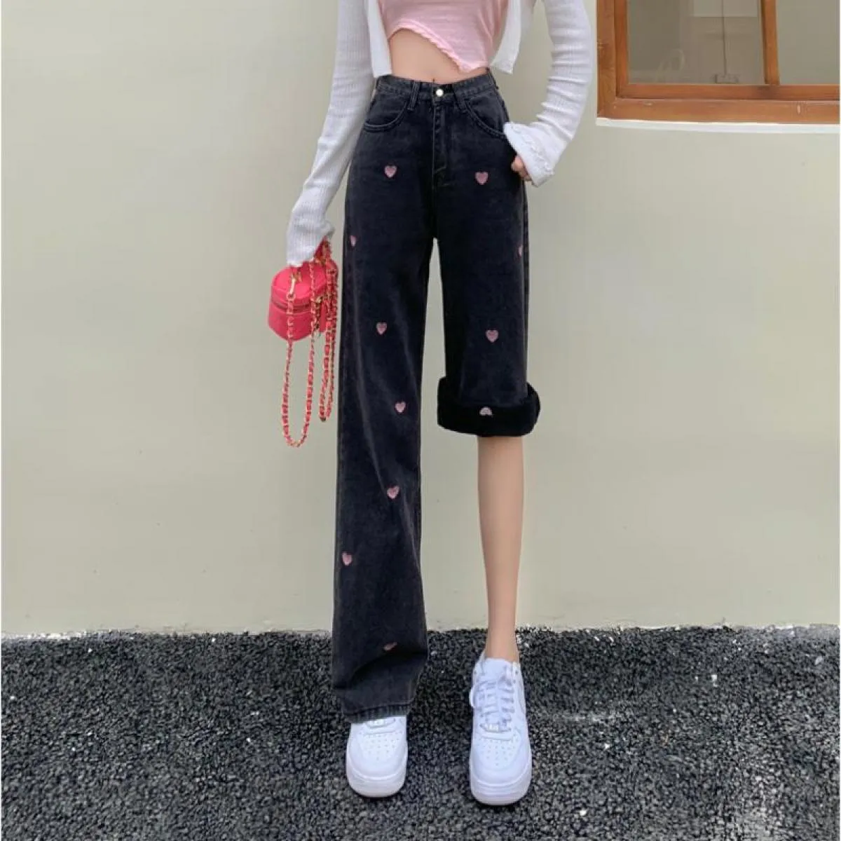 Zoki Ricamo Amore Donna Jeans Vita alta Spessore Inverno Nero Streetwear Pantaloni larghi in denim femminile Moda  Donna Tr