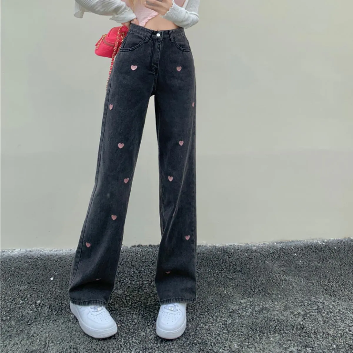 Zoki Ricamo Amore Donna Jeans Vita alta Spessore Inverno Nero Streetwear Pantaloni larghi in denim femminile Moda  Donna Tr
